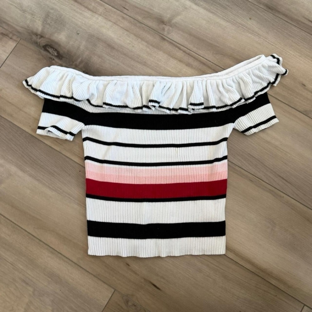 Forever 21 white, black, pink, horizontal striped tube top with ruffle detail